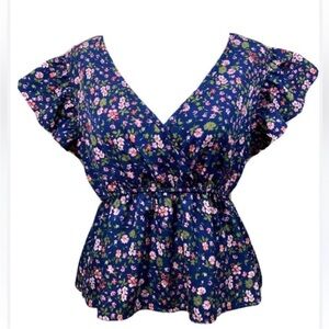 New Glory Blue Floral Babydoll Blouse | Peplum Flutter Sleeve Top Size M